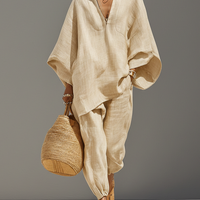 Women's Neutral Linen Set With Asymmetric Hem & Minimalist Design, Sophisticated Daily-Casual Style Set MDZ0501B3I