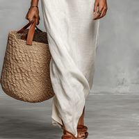 Women's Minimalist Linen Blend Off-the-shoulder Batwing Sleeve Straight-cut Maxi Dress MDZ0949A8Y
