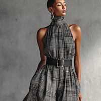 Women's Plaid High Collar Sleeveless Belted Maxi Dress MDA1002G2Y