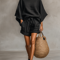 Women's Minimalist Linen Blend Lace Boat Neck Blouse And Shorts Set MDZ1635A9Y