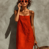 Women's Red Cotton Dress With Spaghetti Straps & Square Neck, Timeless Boho-Resort Style Dress MDZ0924C3I