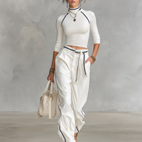 Women's Casual Half-high Collar Long-sleeved T-shirt Straight Pants Two-piece Set MDA2527G5Y