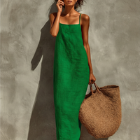 Women's Red Cotton Dress With Spaghetti Straps & Square Neck, Timeless Boho-Resort Style Dress MDZ0924C3I