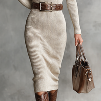 Women's Slim Fit Half Turtleneck V-Neck Long Sleeve Knitted Belted Midi Dress MDA1683I7Y
