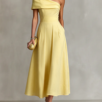 Women's Yellow Linen Dress With One-Shoulder Neckline & Fitted Waist, Timeless Elegant-Chic Style Dress MDZ2630B3I
