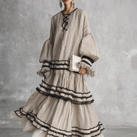 Women's Boho Striped Ruffle Tiered Cotton Blend Long Sleeve Maxi Dress MDZ1426B2BA