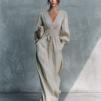 Women's Beige Cotton Linen Striped V-Neck Shirred Waist Maxi Dress MDZ0361C4BA