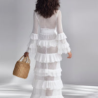 Women's Crisp White Crochet Knit Cardigan With Deep V-Neck & Layered Ruffles, Timeless Bohemian-Glam Style Cardigan MDA2372L3I