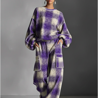 Women's Red And Gray Plaid Brushed Distressed Street Style Color-Blocked Piping Pantsuit Set MDA1065K4I
