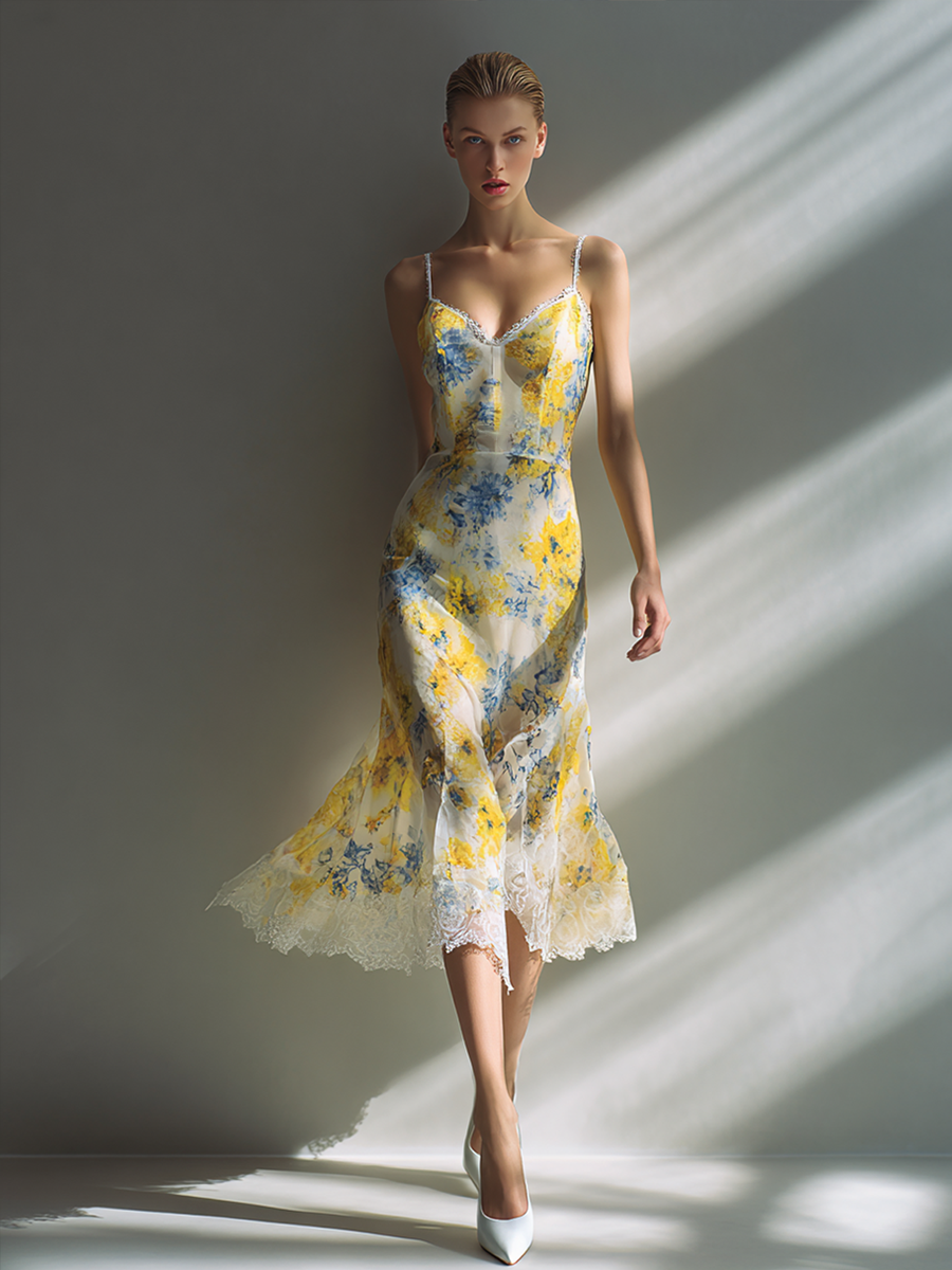 Women's Minimalist Floral Lace-Trimmed Midi Slip Dress MDZ0753E6ZRK
