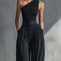 Women's Black Draped Wide-Leg Trousers MDZ2483B4T