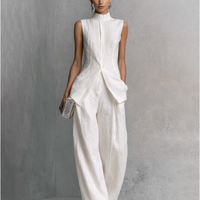 Women's Elegant White Cotton Linen Sleeveless Top and Wide-Leg Pants Set MDZ0221B1BA