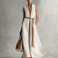 Women's Sleeveless V-Neck Tie-Waist Cotton Linen Maxi Dress MDZ1153B7BA