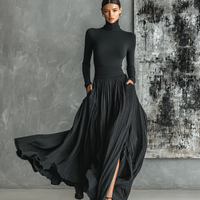 Women's Fashion All Black Skinny Turtleneck T-shirt Pleated Skirt Set MDA1366H1Y
