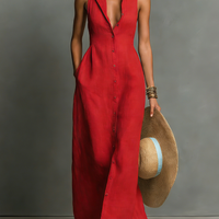 Women's Minimalist Linen-Blend Collared Single-Breasted Sleeveless Maxi Shirt Dress MDZ1011C0Y