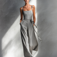 Women's Minimalist Linen Blend Gray Spaghetti-Strap Square-Neck Tie-Waist Wide-Leg Jumpsuit MDA2666L5AU