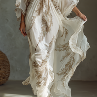Women's Ivory And Taupe Chiffon Fabric Dolman Sleeve Maxi Dress With Twist Front & Palm Leaf Print MDZ0332B6T