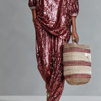 Women's Burgundy Glamorous Sequin Striped - Trimmed Oversized Loungewear Set MDA3059I3I