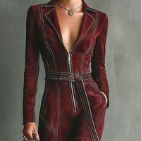 Women's Burgundy Retro Faux Suede Color-Contrast Maxi Dress MDA1321J3T