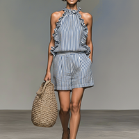 Women's Minimalist Striped Sleeveless Ruffled Blouse And Shorts Set MDZ2698B4Y