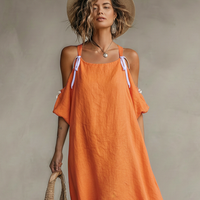 Women's Tangerine Linen Dress With Cold Shoulder & High-Low Hem, Timeless Boho-Resort Style Dress MDZ0337C4I
