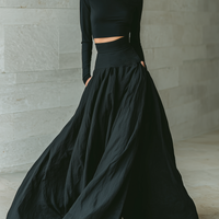 Women's Fashionable And Elegant Black Fitted Turtleneck Long-sleeved Cropped Top Paired With A Black Long Skirt MDA2692K3AN