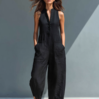 Women's Minimalist Linen Blend Button-up Stand-collar Sleeveless Loose Jumpsuit MDZ2725A5Y