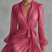 Women's Elegant Rose Pink Pearl Chiffon V-neck Tie-waist Long Dress MDZ1925A7BA