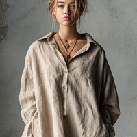 Women's Fashion Loose Cotton And Linen Button Lapel Mini Dress MDA1854H2Y