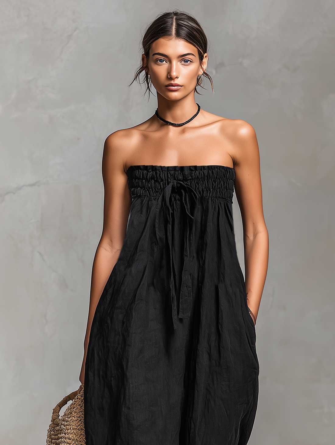 Women's Minimalist Loose-fitting Linen Blend Strapless Jumpsuit With Tie Closure MDZ2024A9Y