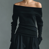 Women’s Black Knit Off-the-Shoulder Long Sleeve Ruched Waist Fitted Top MDA0400L1T