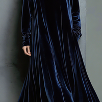 Women's Elegant Navy Blue Velvet High-neck Long-sleeved Loose-fitting Maxi Dress MDZ1680A8AN