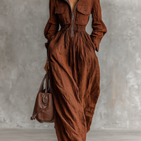 Women's Cotton And Linen Zipper Lapel Elastic Waist Maxi Dress MDA1964H8Y