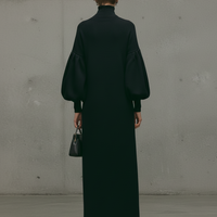 Women's Modern Black Turtleneck Puff-Sleeve Sweatshirt Maxi Dress MDA1503L6AU