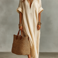 Women's Minimalist Loose-fitting Embroidered Short-sleeved Maxi Dress MDZ0656A6Y