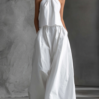 Women's Casual White Cotton And Linen Halter-neck Sleeveless Top And Skirt Set MDZ1269A6AN