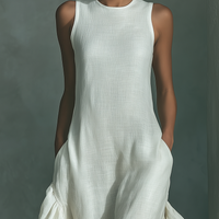 Women's Ivory Linen Fabric Sleeveless Maxi Dress With Round Neck & Ruffle Hem MDZ0973B9T