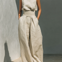 Women's Minimalist Cotton And Linen Blend Sleeveless Blouse And Wide-leg Pants Set MDZ0873A5Y