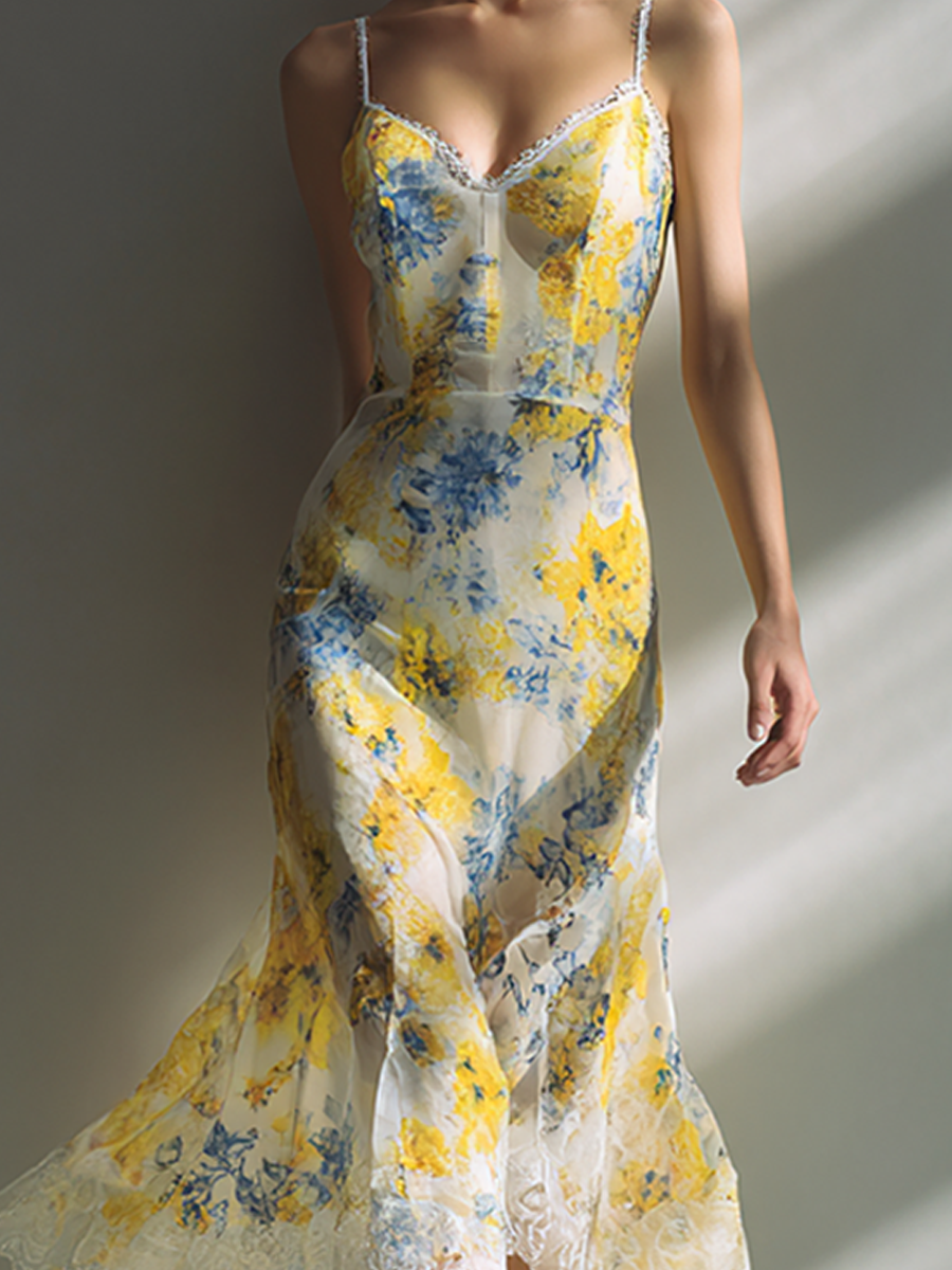 Women's Minimalist Floral Lace-Trimmed Midi Slip Dress MDZ0753E6ZRK