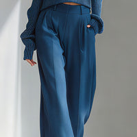 Women's Blue Elegant Ribbed Knit Cold - Shoulder Sweater And Wide - Leg Pants Set MDA1591I8I