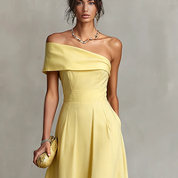 Women's Yellow Linen Dress With One-Shoulder Neckline & Fitted Waist, Timeless Elegant-Chic Style Dress MDZ2630B3I