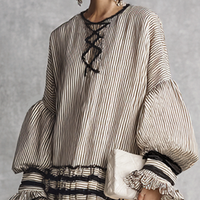 Women's Boho Striped Ruffle Tiered Cotton Blend Long Sleeve Maxi Dress MDZ1426B2BA