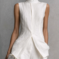 Women's Elegant White Cotton Linen Sleeveless Top and Wide-Leg Pants Set MDZ0221B1BA