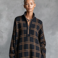 Women's Loose Plaid Zipper Neck Knitted Maxi Dress MDA1505J9Y