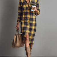 Women's Flannel Plaid Long Sleeve Shirt Midi Dress MDA2294J2Y
