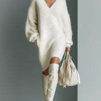 Women's White Elegant V - Neck Mini Sweater Dress MDA1331J0I