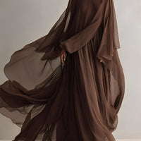 Women's Rich Brown Chiffon Dress With Flowy Maxi Silhouette & Cape-like Design, Modern Elegant-Glam Style Dress MDA1967L4I