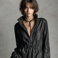 Women's Fashion Leather Zipper Stand Collar Loose Mini Dress MDA1292H3Y