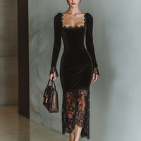 Women's Burgundy Velvet Lace Fitted Maxi Dress MDA1190J4T