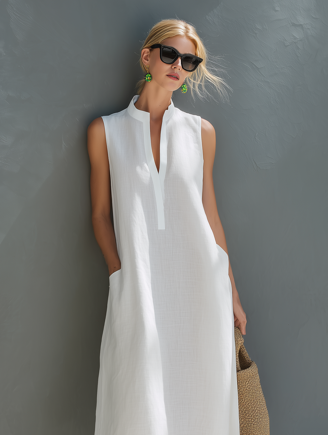 Women's Minimalist White Cotton-Linen Sleeveless Loose Midi Dress MDZ0894E5LXY
